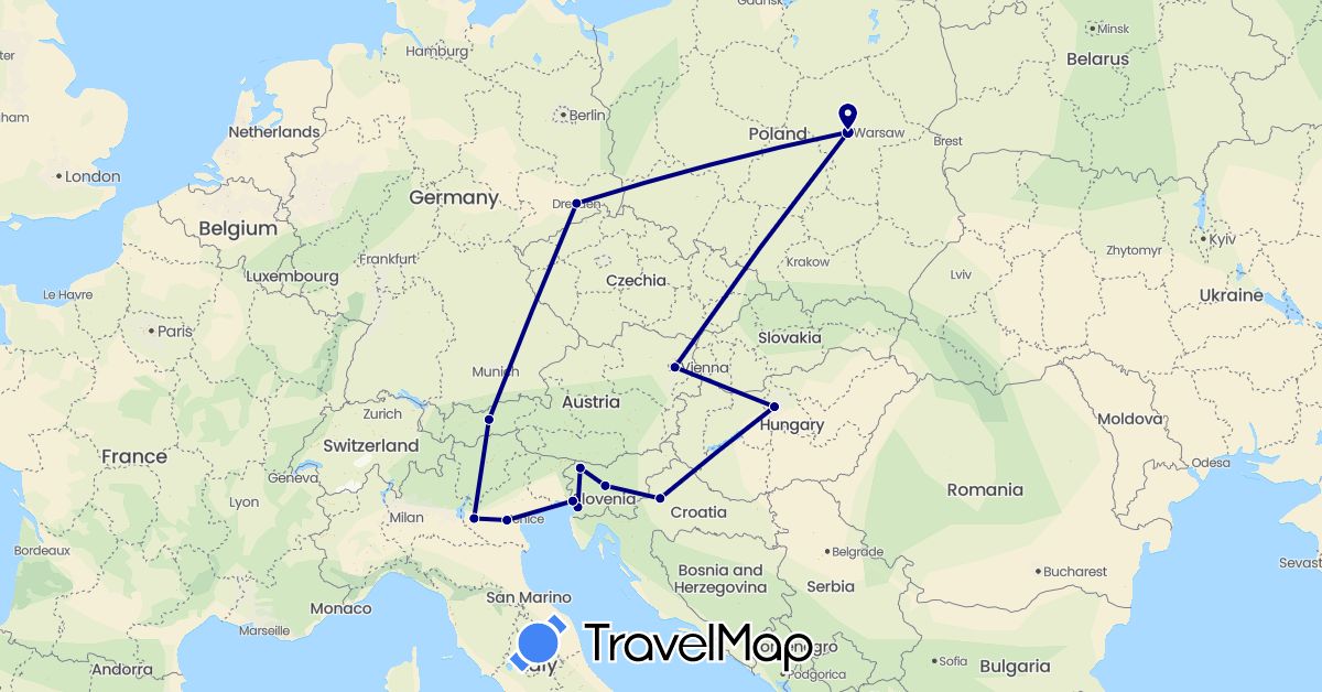 TravelMap itinerary: driving in Austria, Germany, Croatia, Hungary, Italy, Poland, Slovenia (Europe)